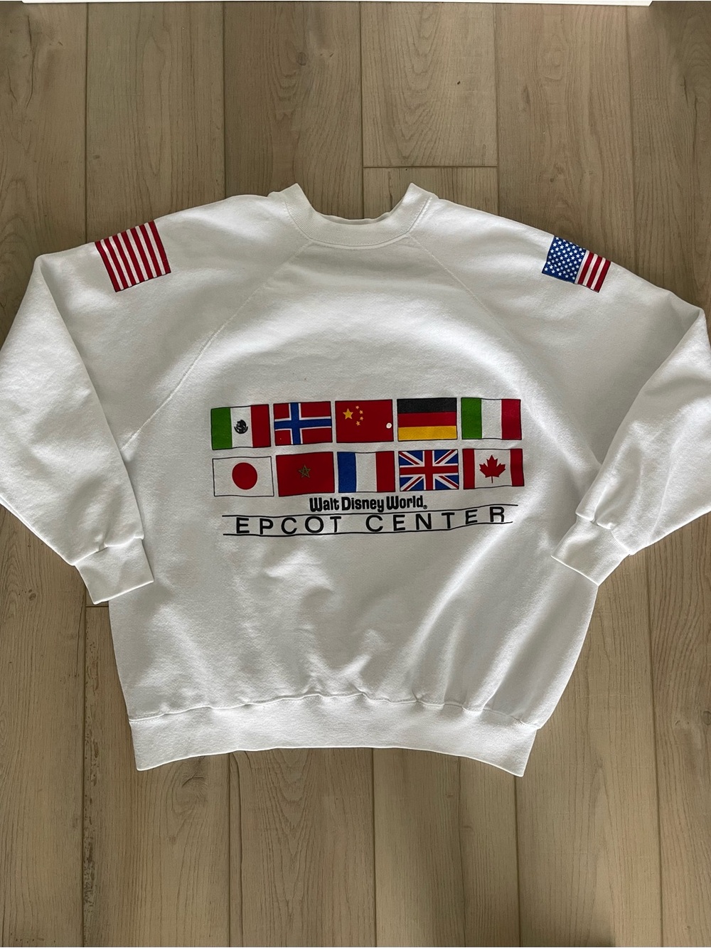 Disney White Epcot Center Flag Graphic Vintage Crewneck Sweatshirt